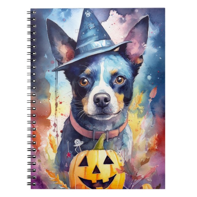 Caderno Espiral Halloween Blue Heeler Com Pumpkins Assustado (Frente)
