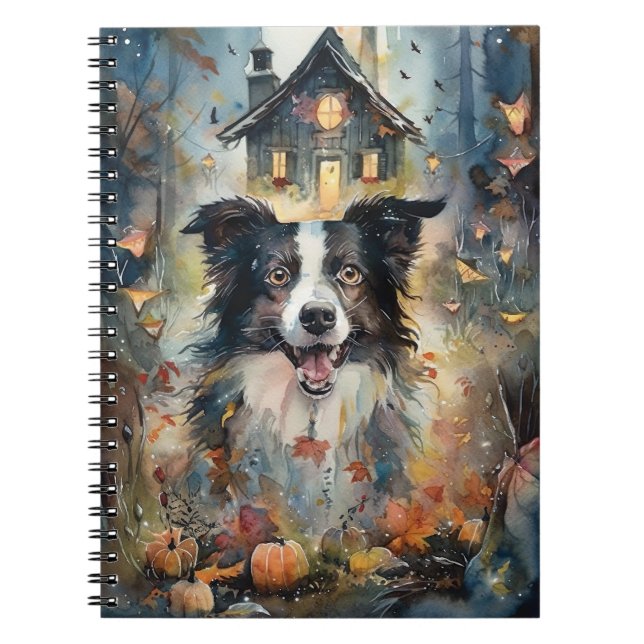 Caderno Espiral Halloween Border Collie Com Pumpkins Assustado (Frente)