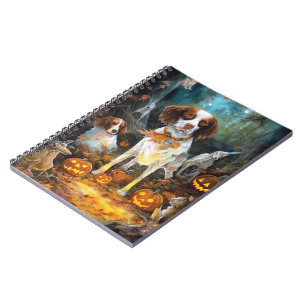 Caderno Espiral Halloween Brittany Spaniel Com Pumpkins Assustado