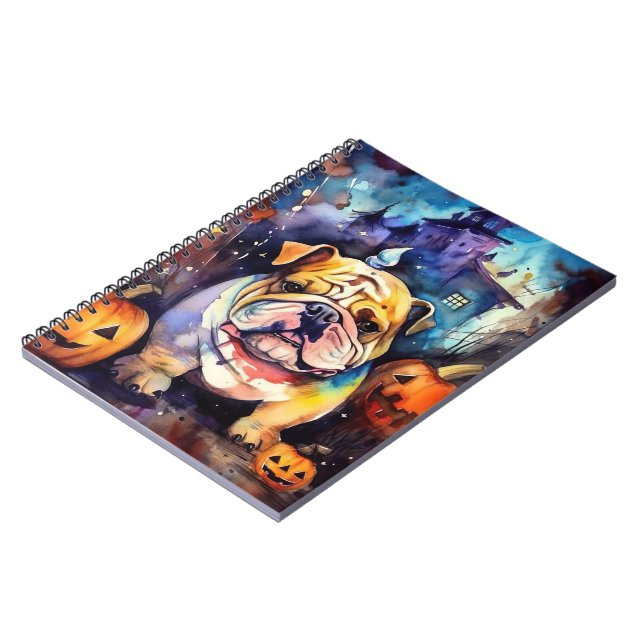 Caderno Espiral Halloween Bulldog Com Pumpkins Assustado (Left Side)