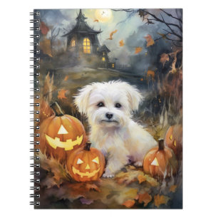 Caderno Espiral Halloween Coton De Tulear Com Pumpkins Assustado