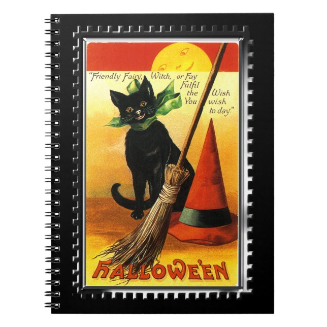 Caderno Espiral Halloween Gatinho Sentando Bruxas Hat (Frente)