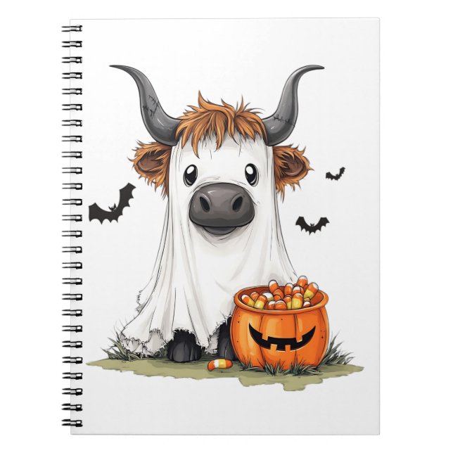 Caderno Espiral Halloween Ghost Highland Cow PNG (Frente)