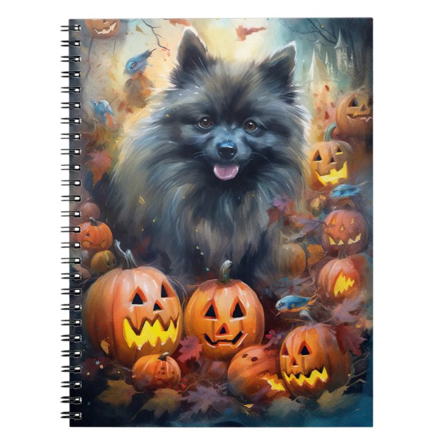 Caderno Espiral Halloween Keeshond Com Pumpkins Assustado (Frente)