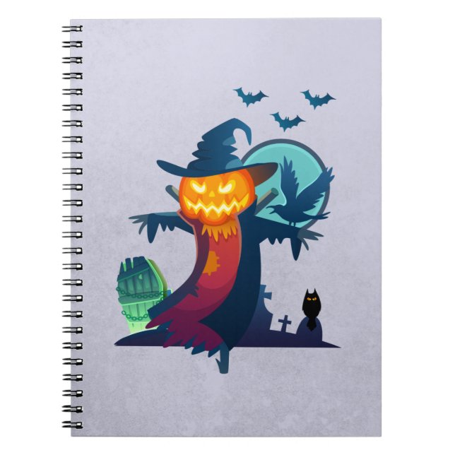 Caderno Espiral Halloween Levantou Espantalho Com Morcegos E Um Co (Frente)