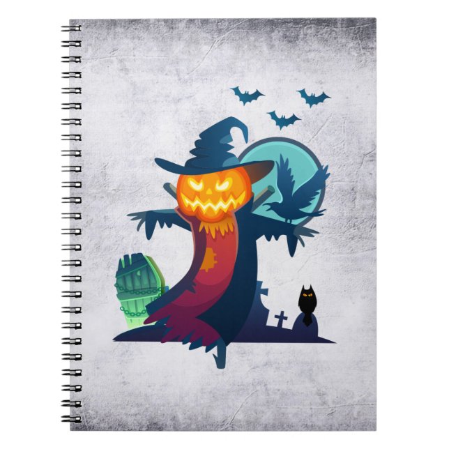 Caderno Espiral Halloween Levantou Espantalho Com Morcegos E Um Co (Frente)