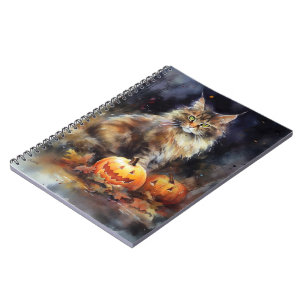 Caderno Espiral Halloween Maine Coon Cat Com Pumpkins Assustado