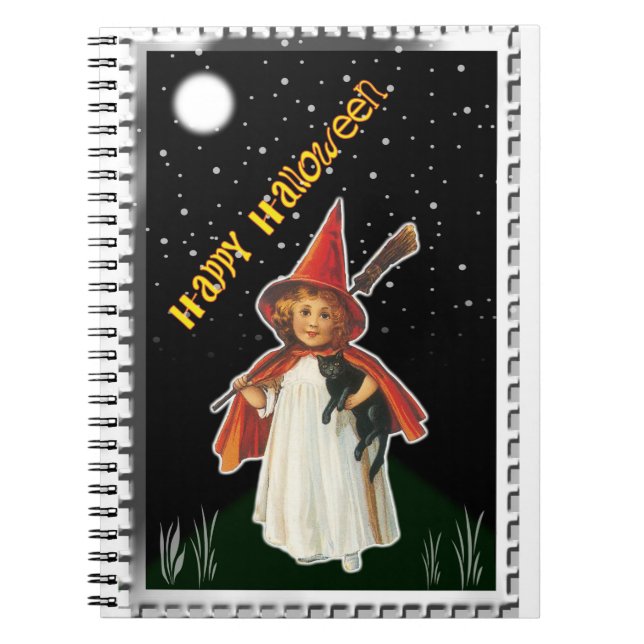 Caderno Espiral Halloween - Menina com vassoura e gato preto (Frente)
