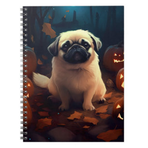 Caderno Espiral Halloween Pekingese Com Pumpkins Assustado