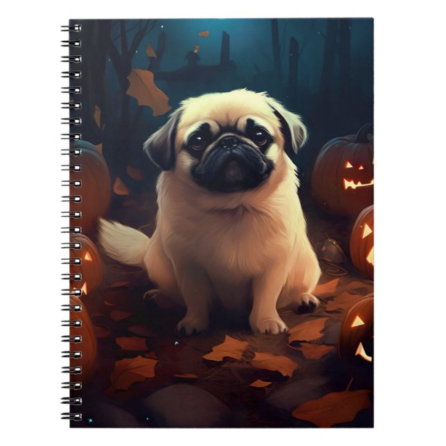 Caderno Espiral Halloween Pekingese Com Pumpkins Assustado (Frente)