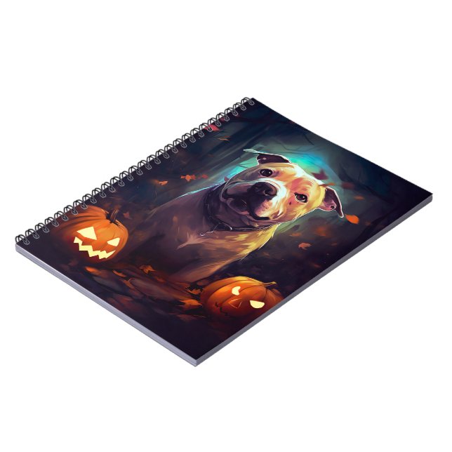 Caderno Espiral Halloween Pitbull Com Pumpkins Assustado (Left Side)