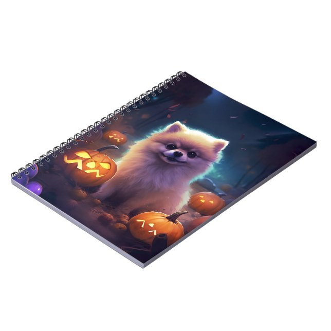 Caderno Espiral Halloween Pomeranian Com Pumpkins Assustado (Left Side)