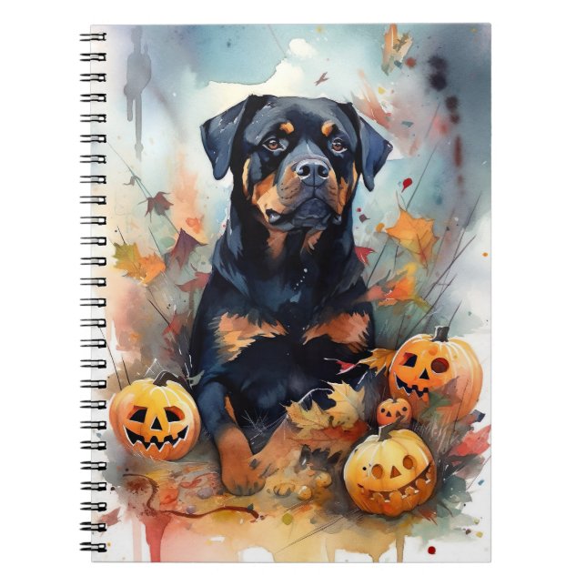 Caderno Espiral Halloween Rottweiler Com Pumpkins Assustado (Frente)