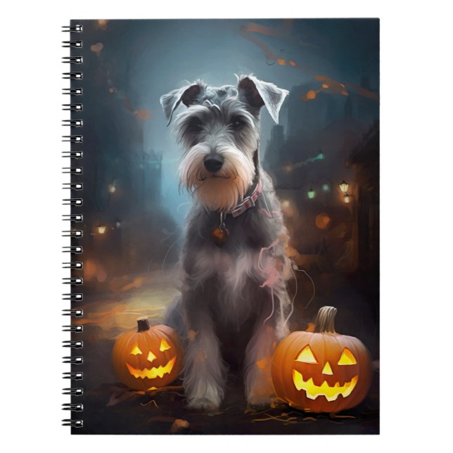 Caderno Espiral Halloween Schnauzer Com Pumpkins Assustado (Frente)