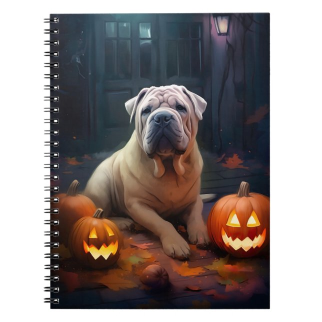 Caderno Espiral Halloween Shar Pei Com Pumpkins Assustado (Frente)
