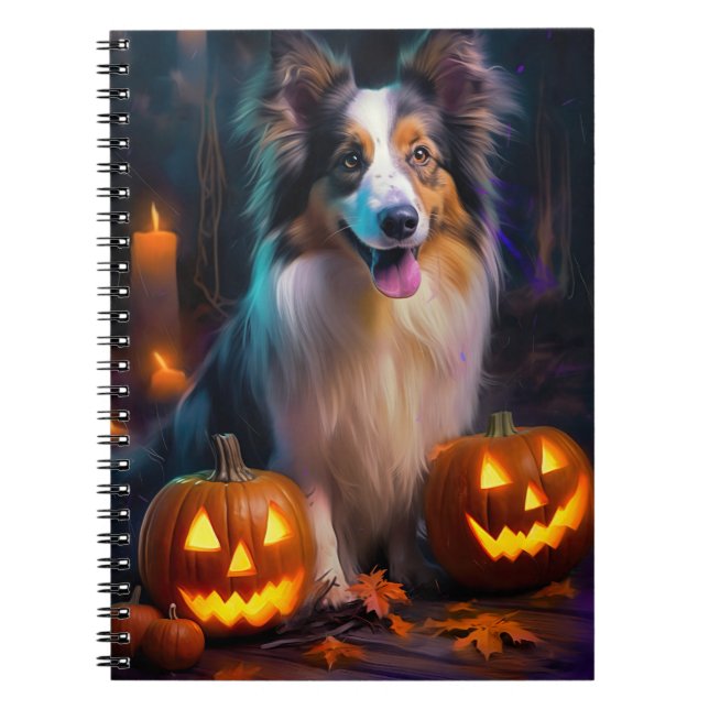 Caderno Espiral Halloween Shetland Sheepdog Com Pumpkins Assustado (Frente)