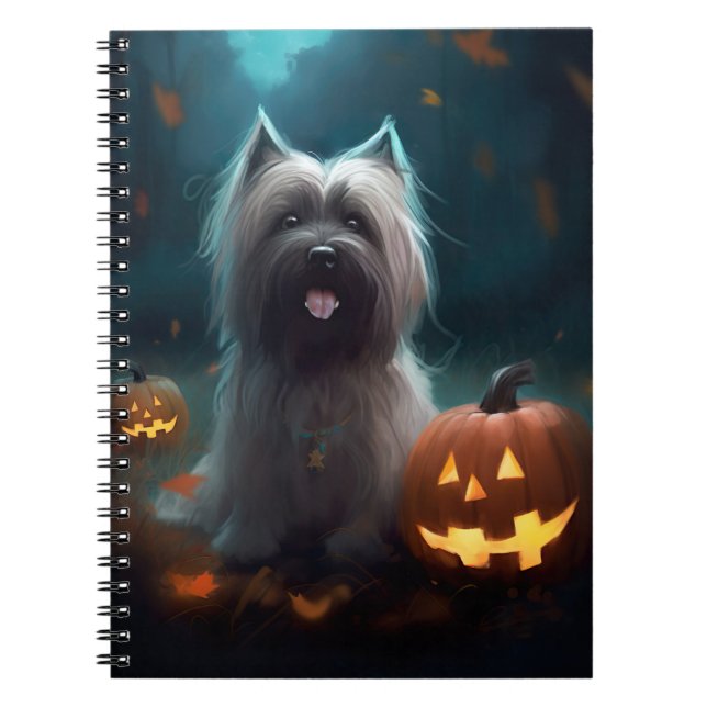 Caderno Espiral Halloween Skye Terrier Com Pumpkins Assustado (Frente)