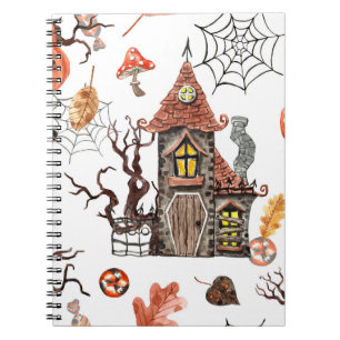 Caderno Espiral Halloween Watercolor: Padrão De Casa Assombrada.