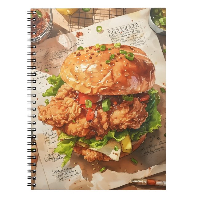 Caderno Espiral Hamburger de Frango Frito Gourmet Aquarela Receita (Frente)