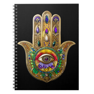 Caderno Espiral Hamsa de Ouro Pintado com Olho Terceiro de Ametist