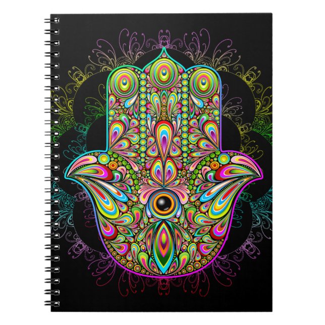 Caderno Espiral Hamsa Fatma Mão Arte Psicodélica (Frente)
