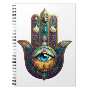 Caderno Espiral Hamsa Violeta Dourado Turquesa c/ Terceiro Olho Tu