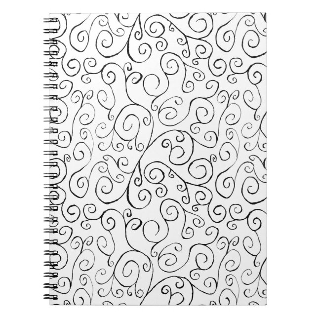 Caderno Espiral Hand-Painted Black Curvy Pattern on White (Frente)