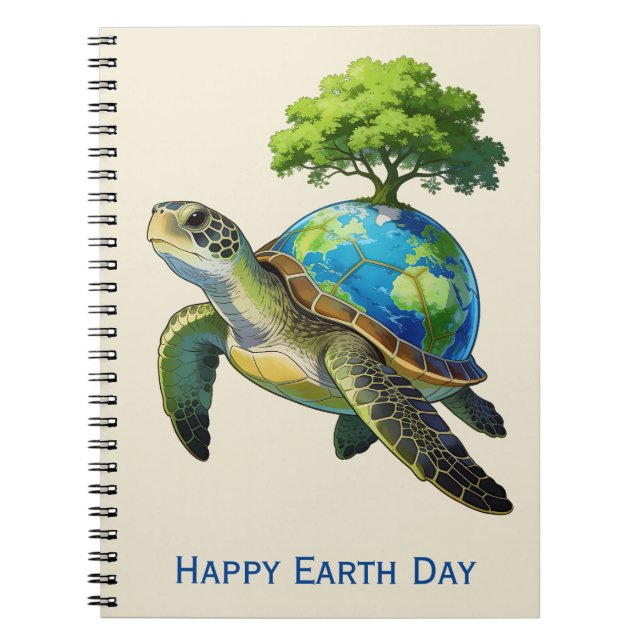 Caderno Espiral Happy Earth Day Turtle Planet and Tree (Frente)