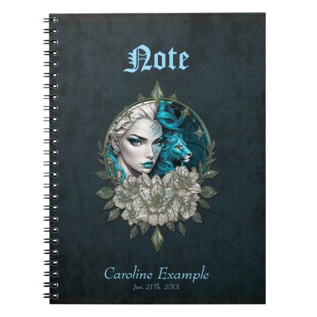 Caderno Espiral Harmonia dos elementos, a mulher com leão. (Frente)