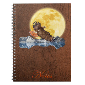 Caderno Espiral Hawk e lua de pele vermelha no notebook de couro a