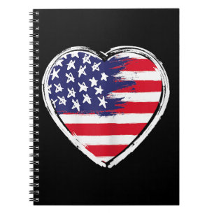 Caderno Espiral Heart US Flag 4 de julho Patriotic American Stars
