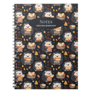 Caderno Espiral Hedgehogs bonitos com Folhas de Pão e Outono