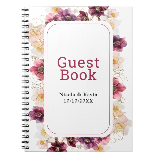 Caderno Espiral Hellebore Floral Burgundy Wedding Guest Book (Frente)