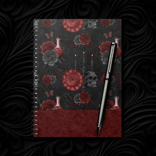 Caderno Espiral Henna Zodiac Magic   Rosas do crânio vermelho Poçã