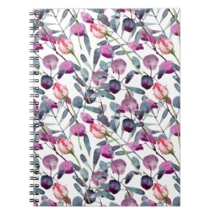 Caderno Espiral Herbos de Campo Rosebuds Padrão de Aquarela