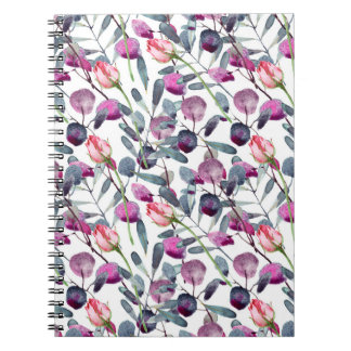 Caderno Espiral Herbos de Campo Rosebuds Padrão de Aquarela