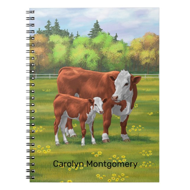 Caderno Espiral Hereford Cow & Cute Calf na Pastagem de Verão (Frente)