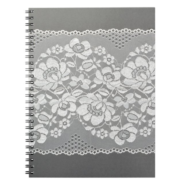 Caderno Espiral Hetero branco de tecido de rendas na cinza  (Frente)