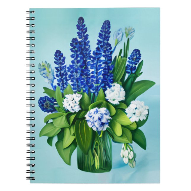Caderno Espiral Hiacintas Azuis Cobalto e Hydrangeas (Frente)