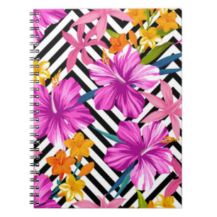 Caderno Espiral hibisco tropical, palmeiras, geométrico.