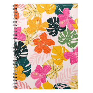 Caderno Espiral Hibiscus e Monstera folhas de padrão tropical desi