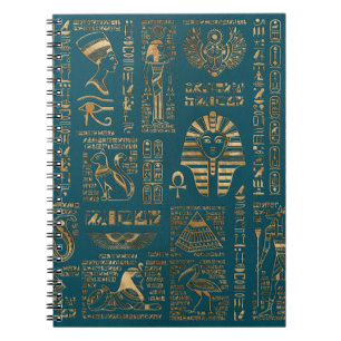 Caderno Espiral Hieroglyphs e deidades egípcios - ouro na cerceta