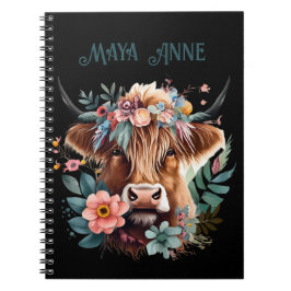 Caderno Espiral Highland Cow Boho Floral Watercolor