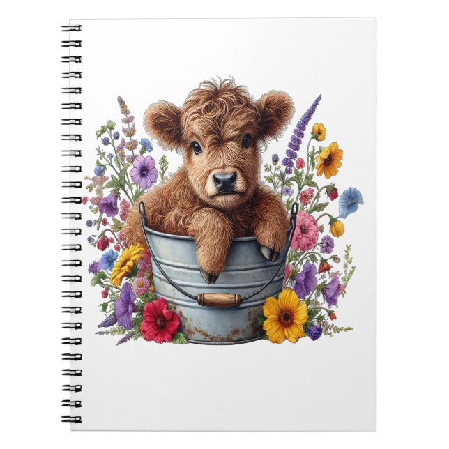 Caderno Espiral Highland Cow in Flower Bucket Png, Cute (Frente)