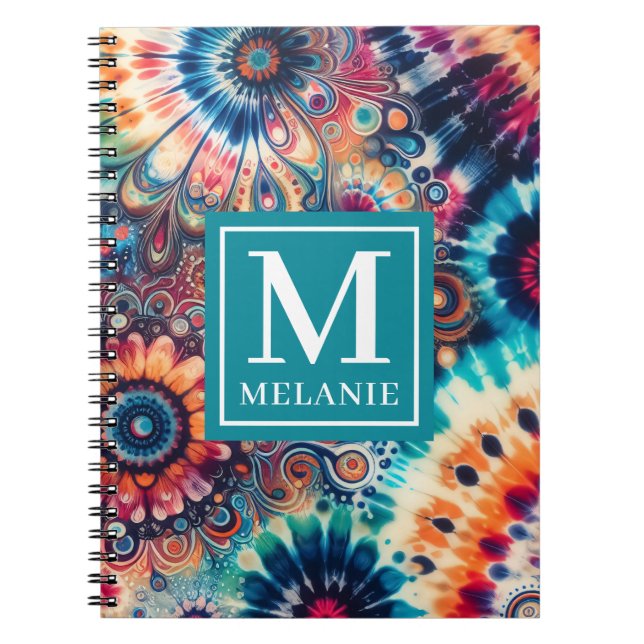 Caderno Espiral Hippie Retro Tie-Dye Monograma (Frente)