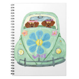 Caderno Espiral Hippies Dachshund No Seu Carro Do Amor Florido