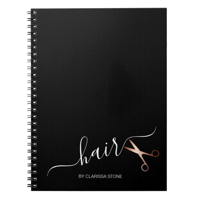 Caderno Espiral Hirestilista de tesouras de ouro rosa modernas e e (Frente)