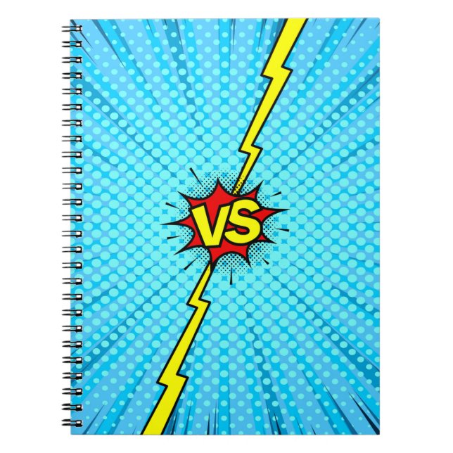 Caderno Espiral Histórias em quadrinhos versus fundo, estilo cláss (Frente)