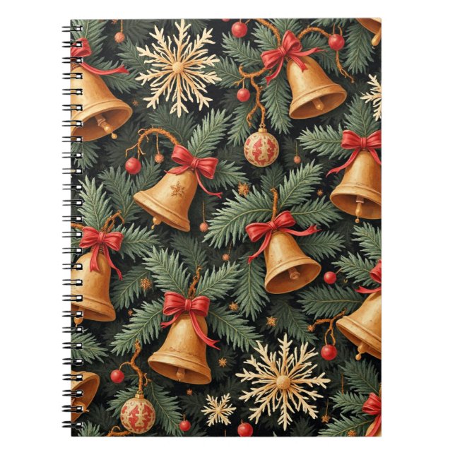 Caderno Espiral Holiday Bells, Decorative Christmas Pattern, (Frente)