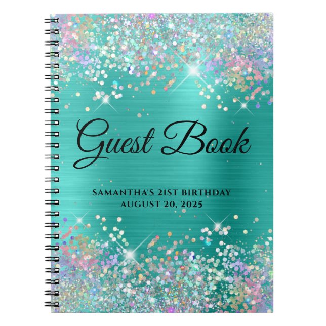 Caderno Espiral Holo Glitter Turquoise aniversário de 21 anos Gues (Frente)